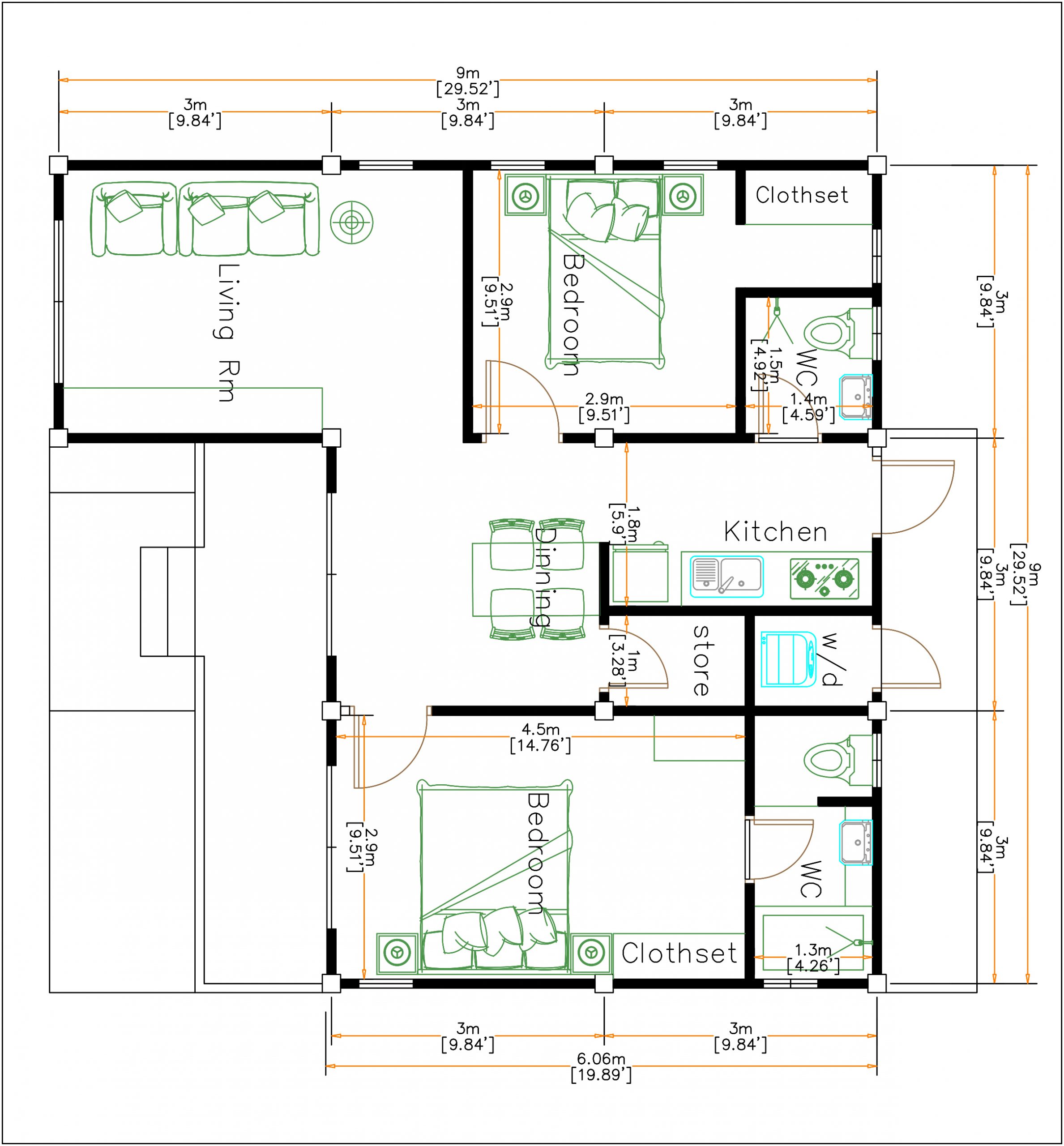 Exterior Home Design 9x9 Meters 30x30 Feet 2 Beds House layout floor plan