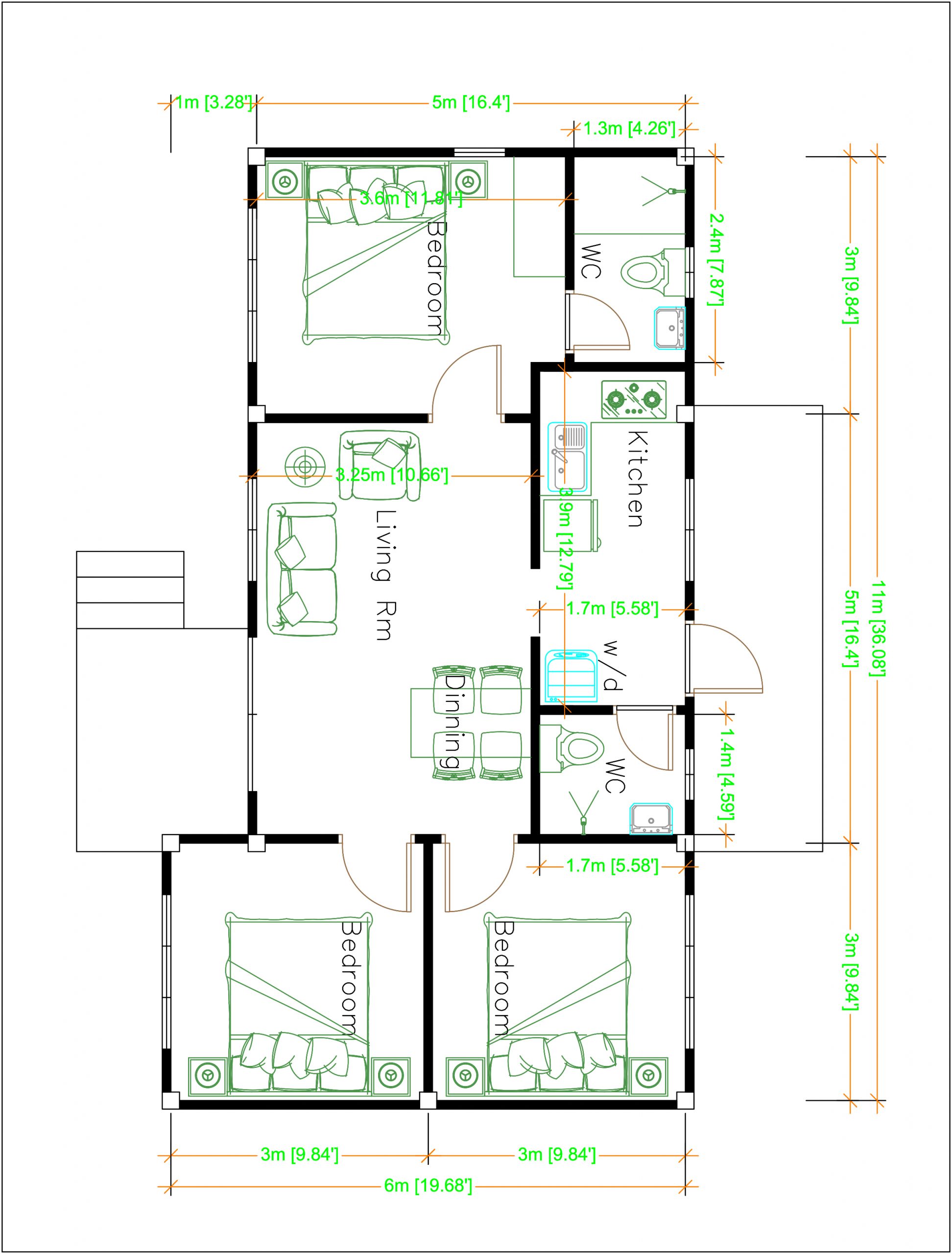 House Design Plans 11x6 Meters 36x20 Feet 3 Bedrooms Layout floor plan