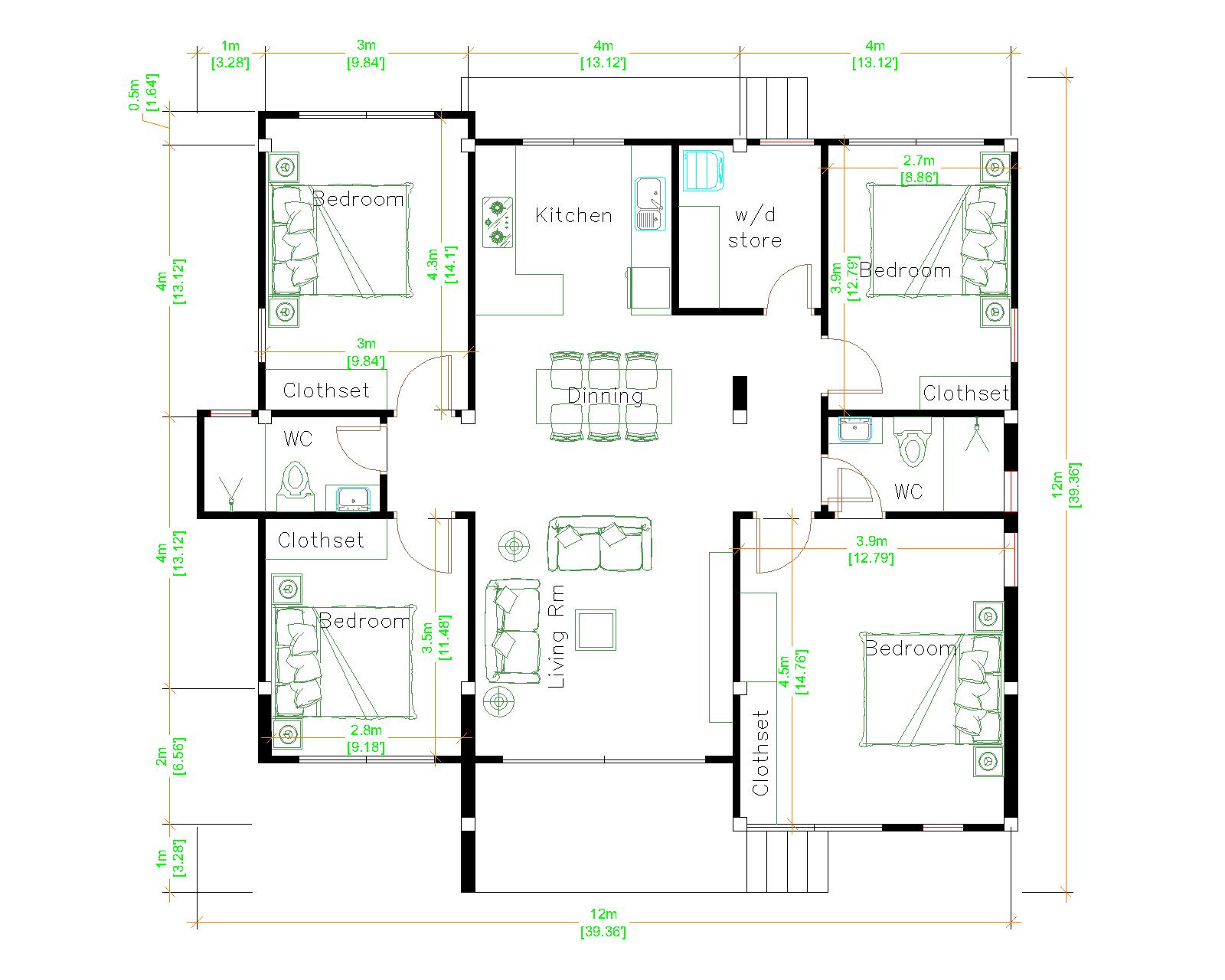 House Design 3d 12x12 Meter 39x39 Feet 4 Bedrooms Gable Roof