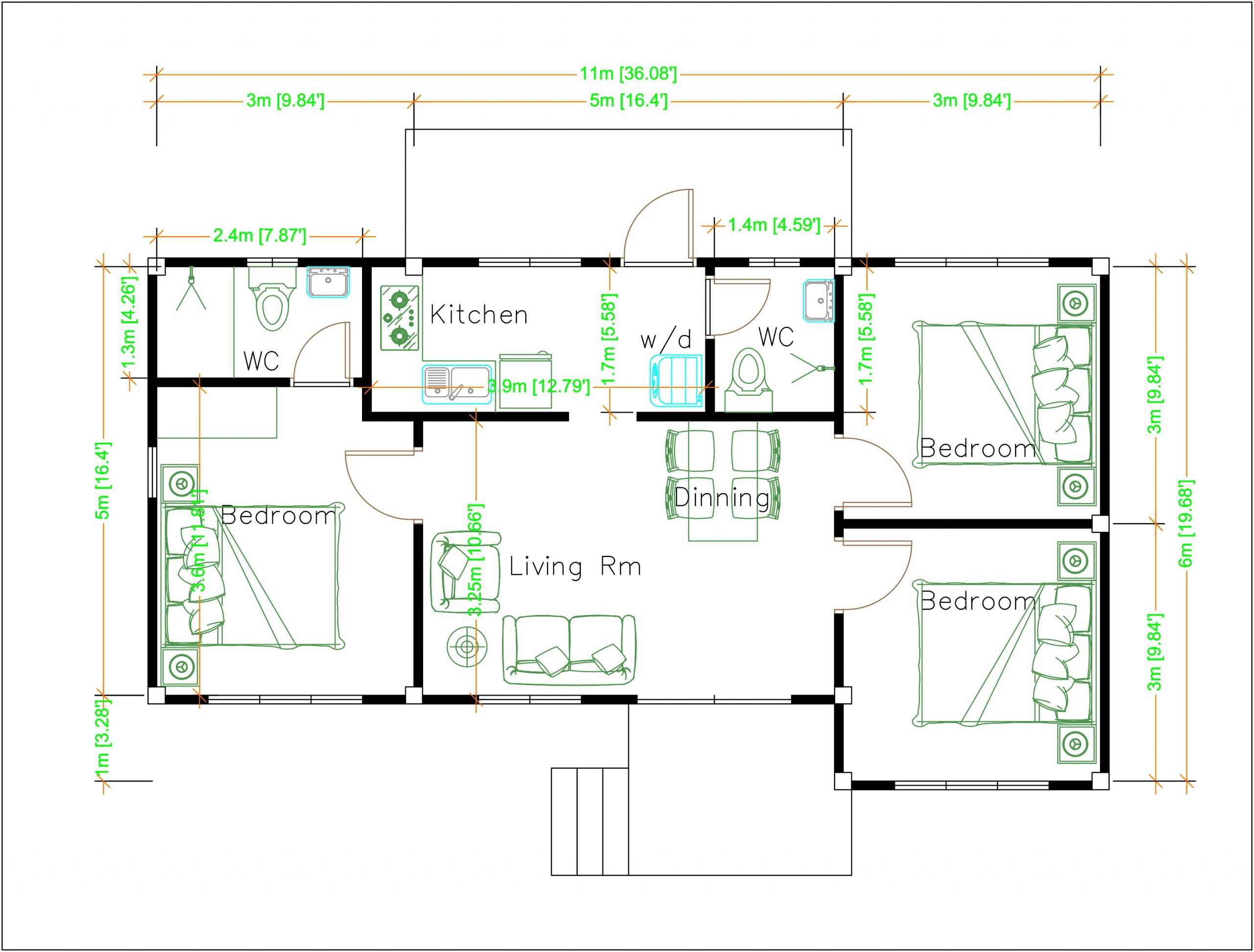 Modern Home Design 11x6 Meters 36x20 Feet 3 Beds House layout floor plan