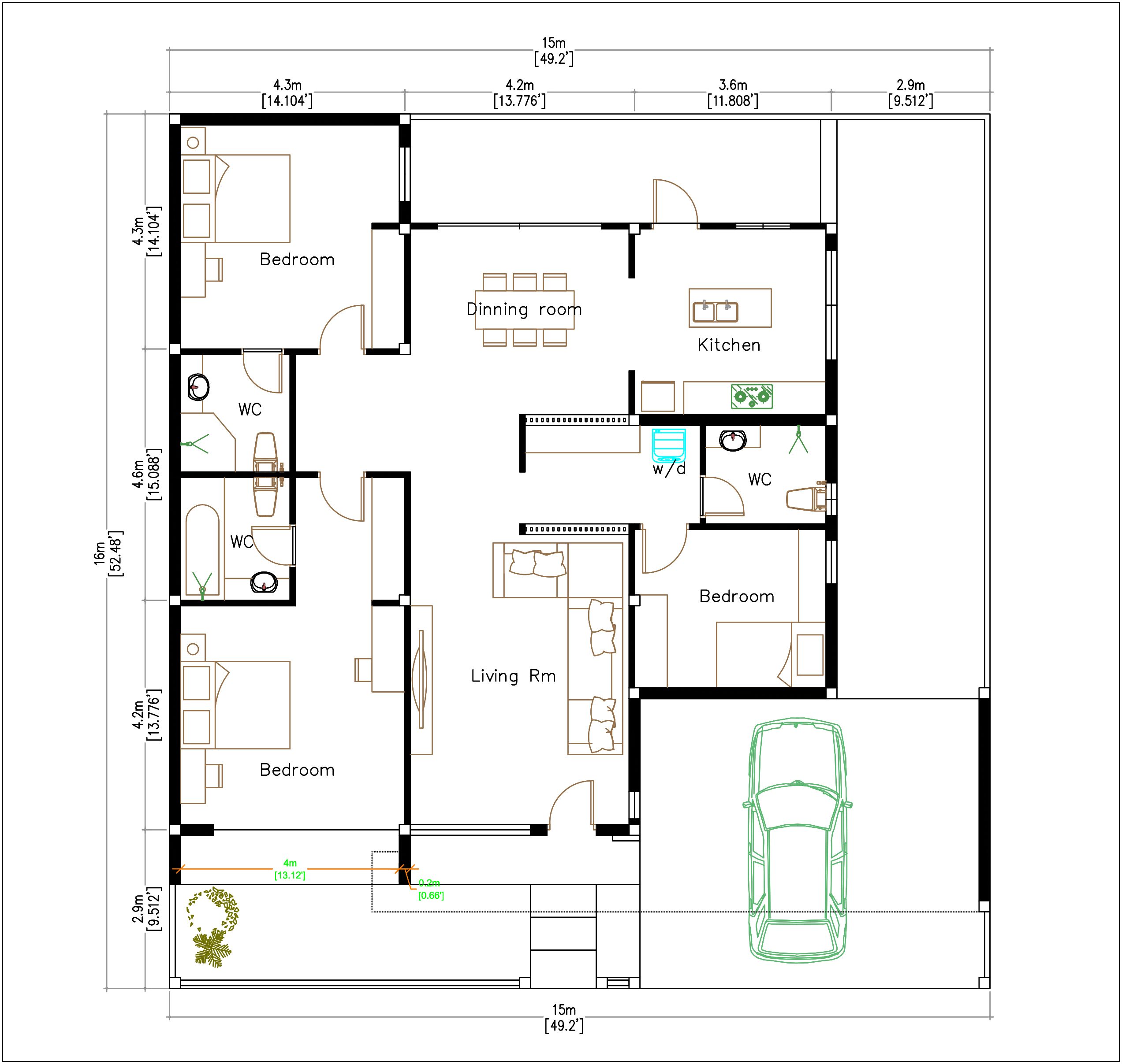 Modern House Plans 15x16 Meter 49x53 Feet 3 Beds House Design 3D