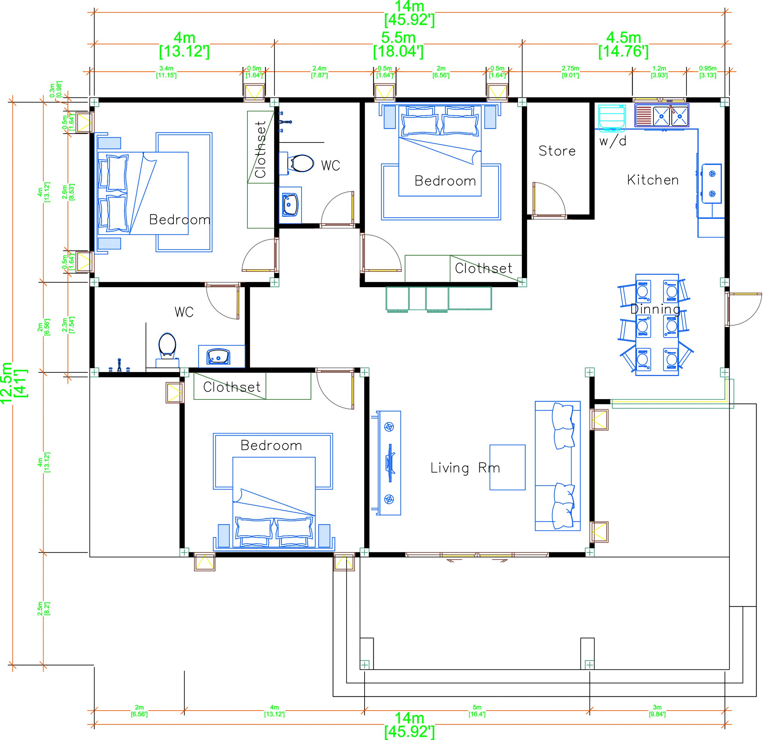 House Design 3d 14x12.5 Meter 46x41 Feet 3 Bedrooms Hip Roof