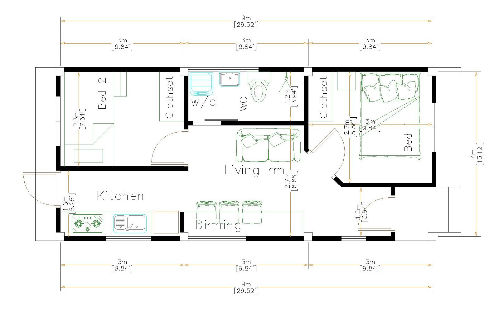 Tiny House Plans 4x9 Meters 2 Beds Terrace Roof floor plan