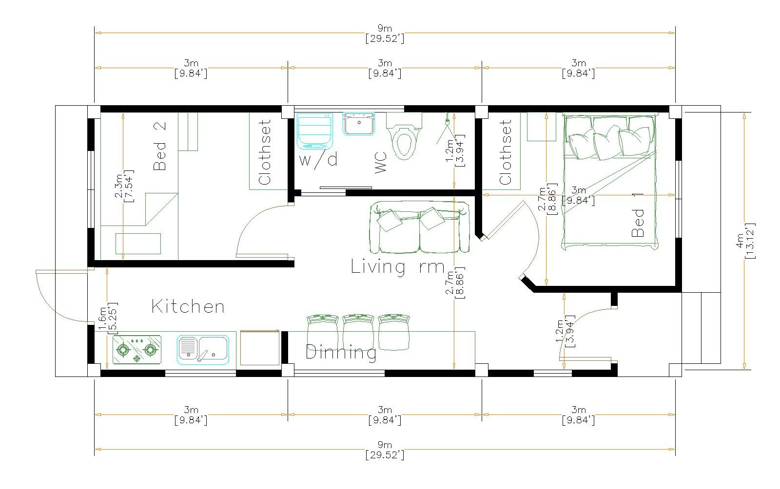 New Home Plans 4x9 Meter 13x30 Feet floor plan