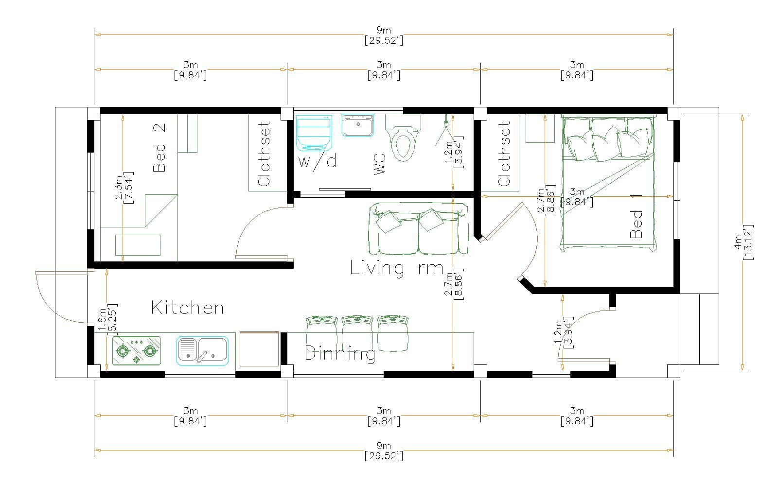 One Floor House Plans 4x9 Meter 13x30 Feet floor plan