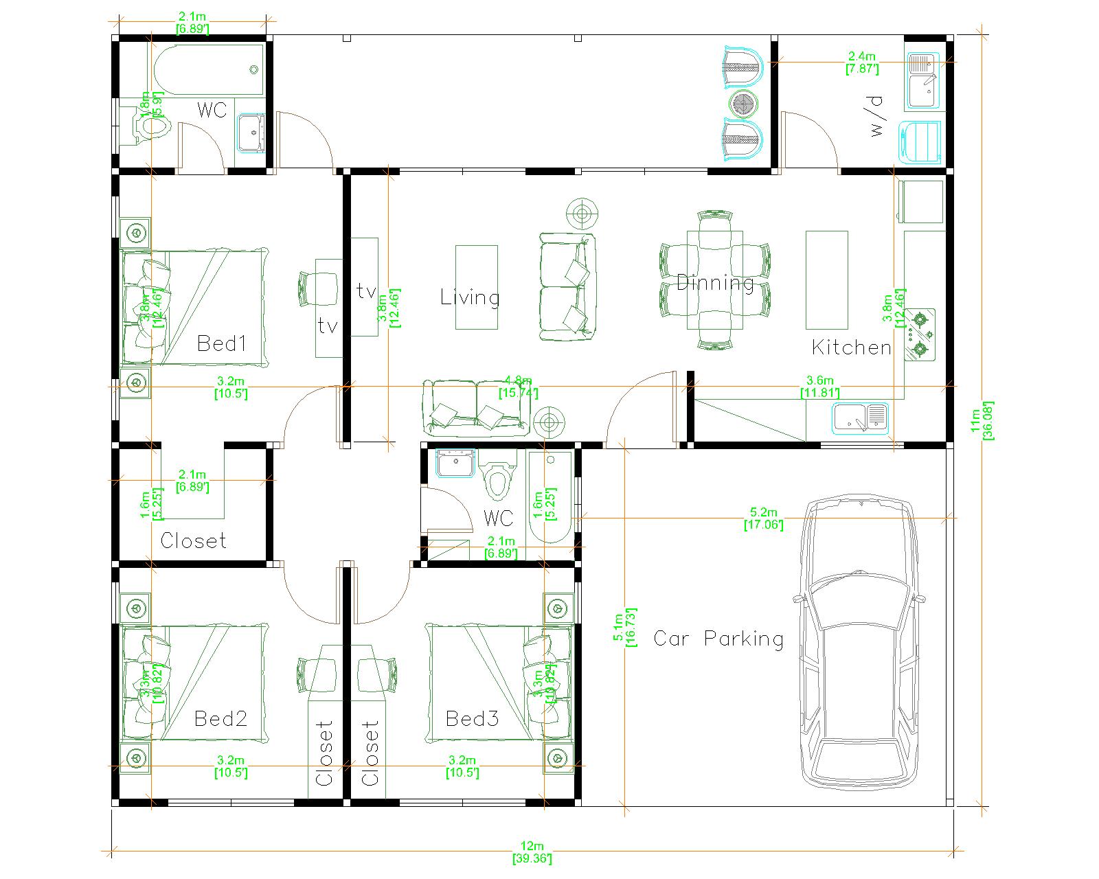 House Design 3d 12x11 Meter 39x36 Feet 3 Bedrooms Hip roof