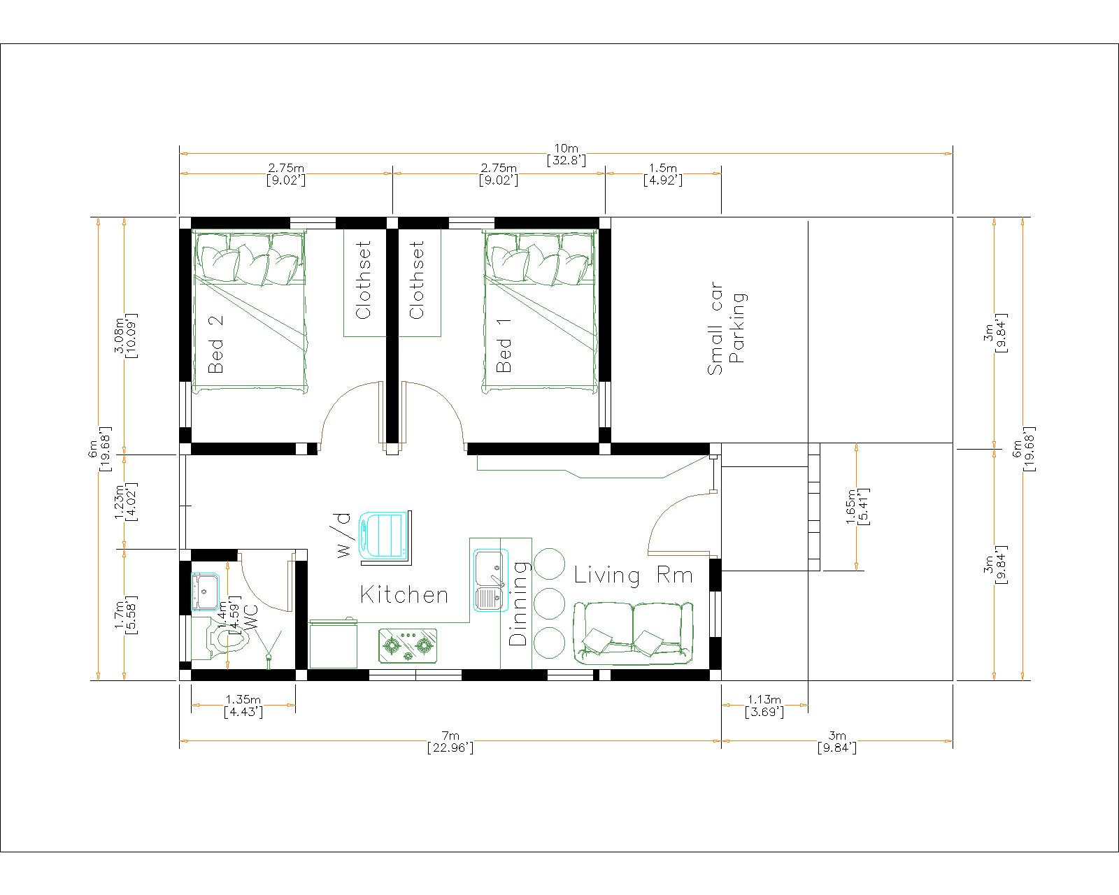 Small House Design Plans 6x7M 20x23F Shed Roof Full Plans layout floor plan