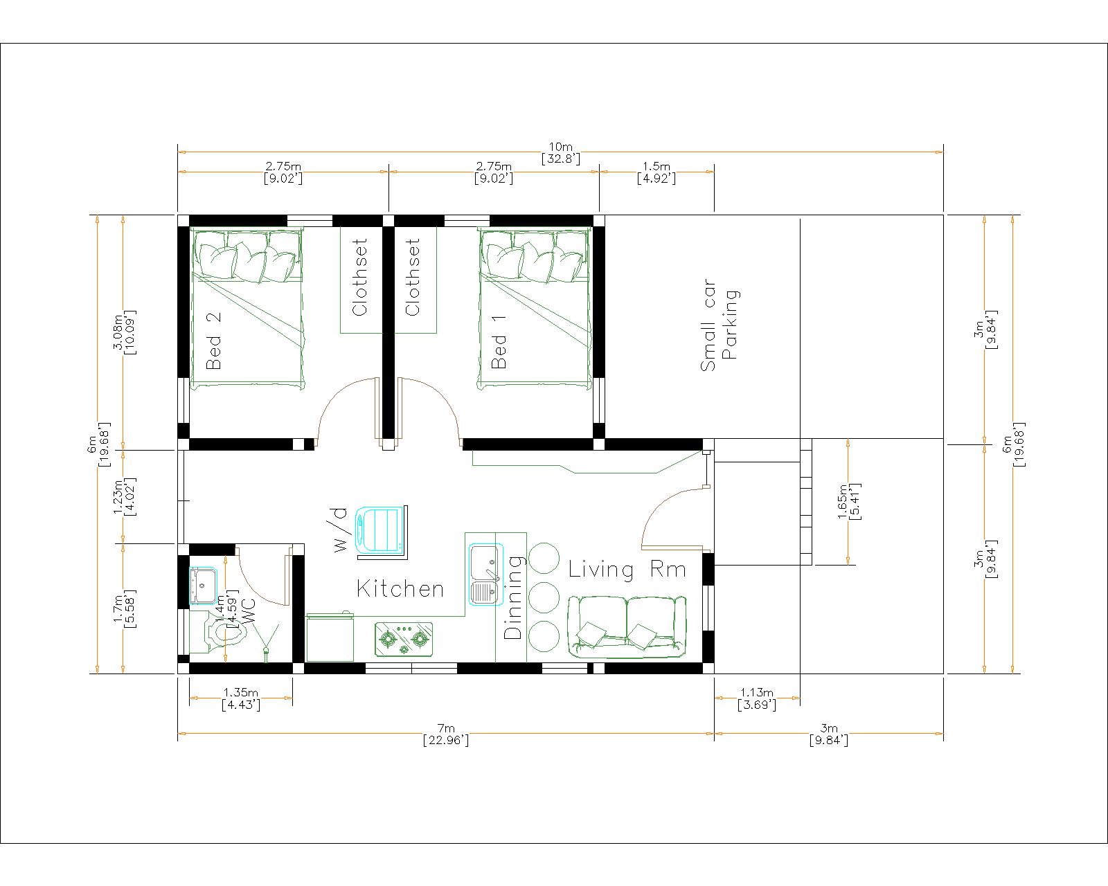 Small House Design 6x7M 20x23F Hip Roof Full Plans layout floor plan