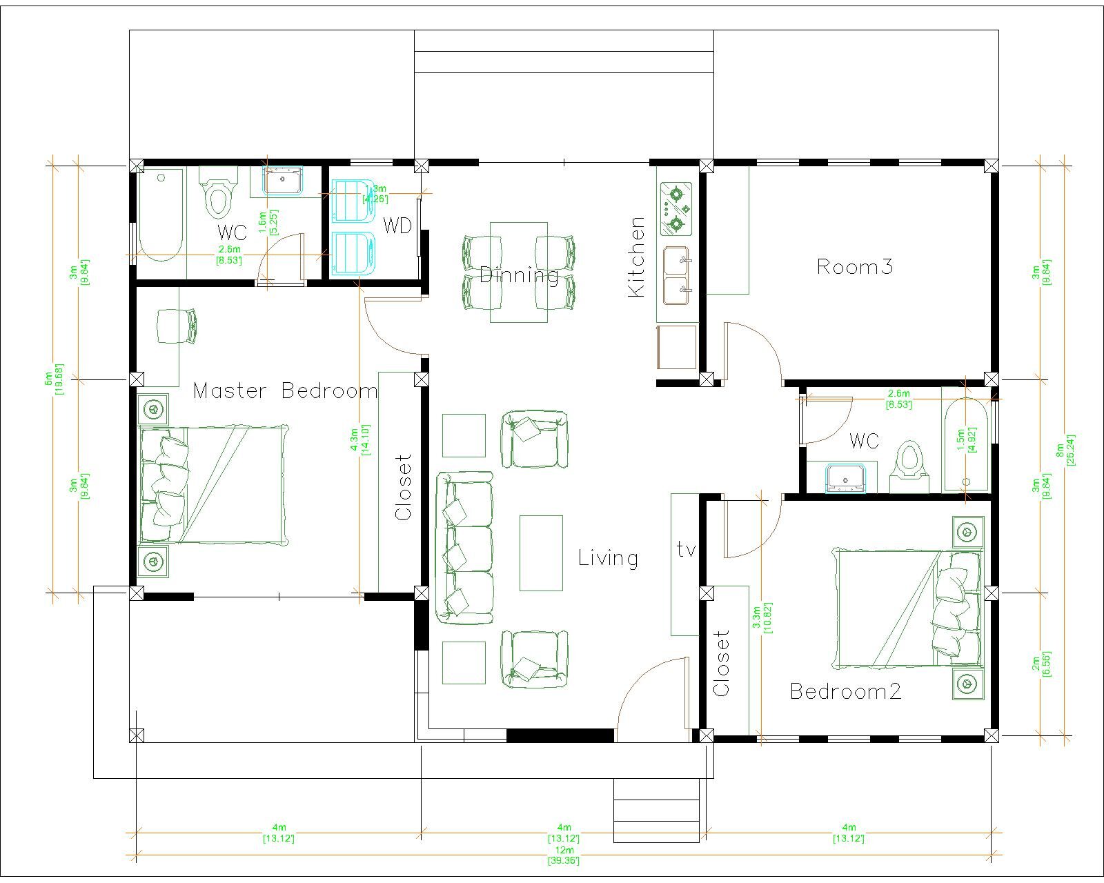 1 Story Modern House 12x12 Meters 40x40 Feet 3 Beds Layout floor plan