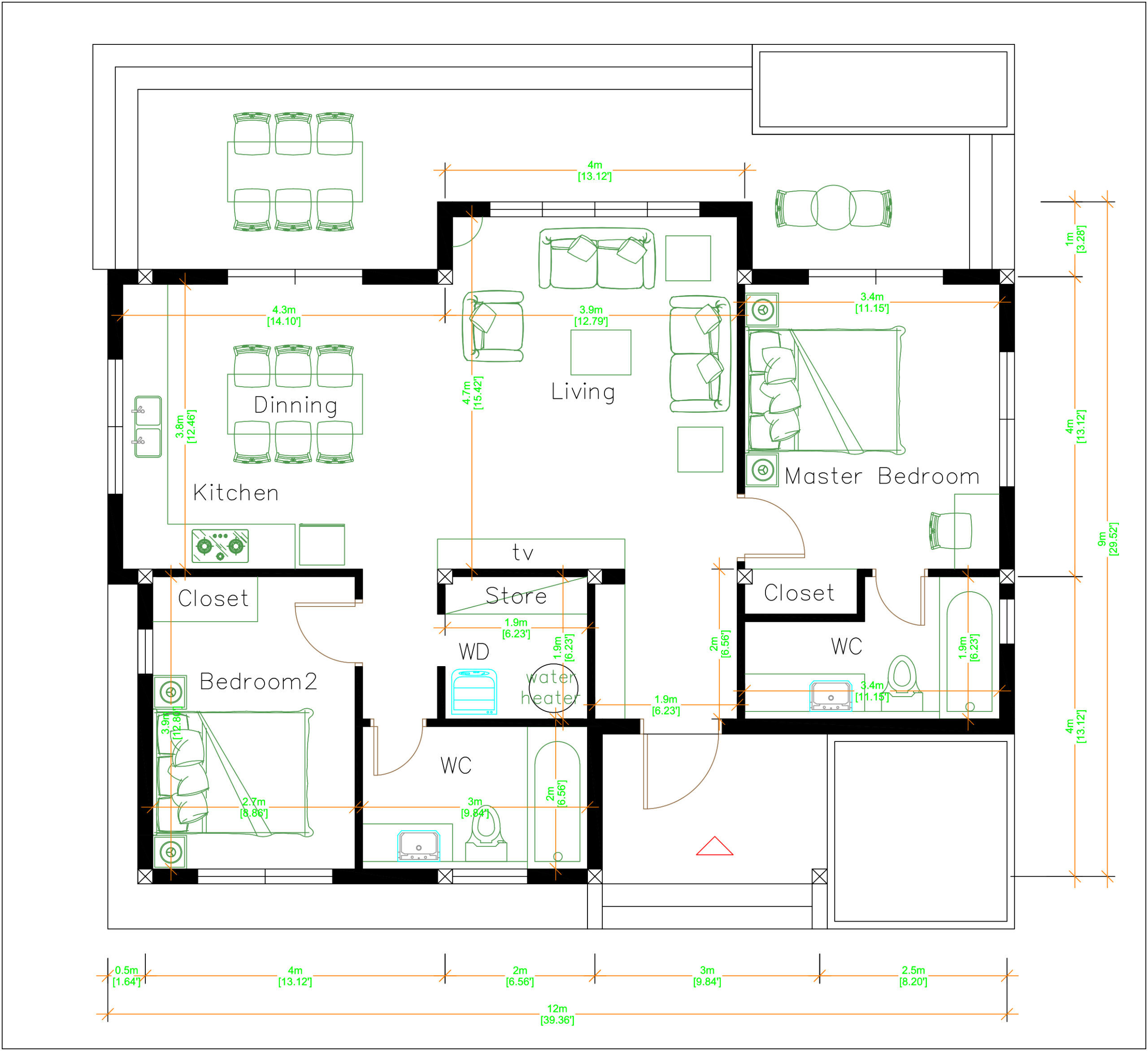 One Storey Building 12x9 Meter 40x30 Feet 2 Beds floor plan
