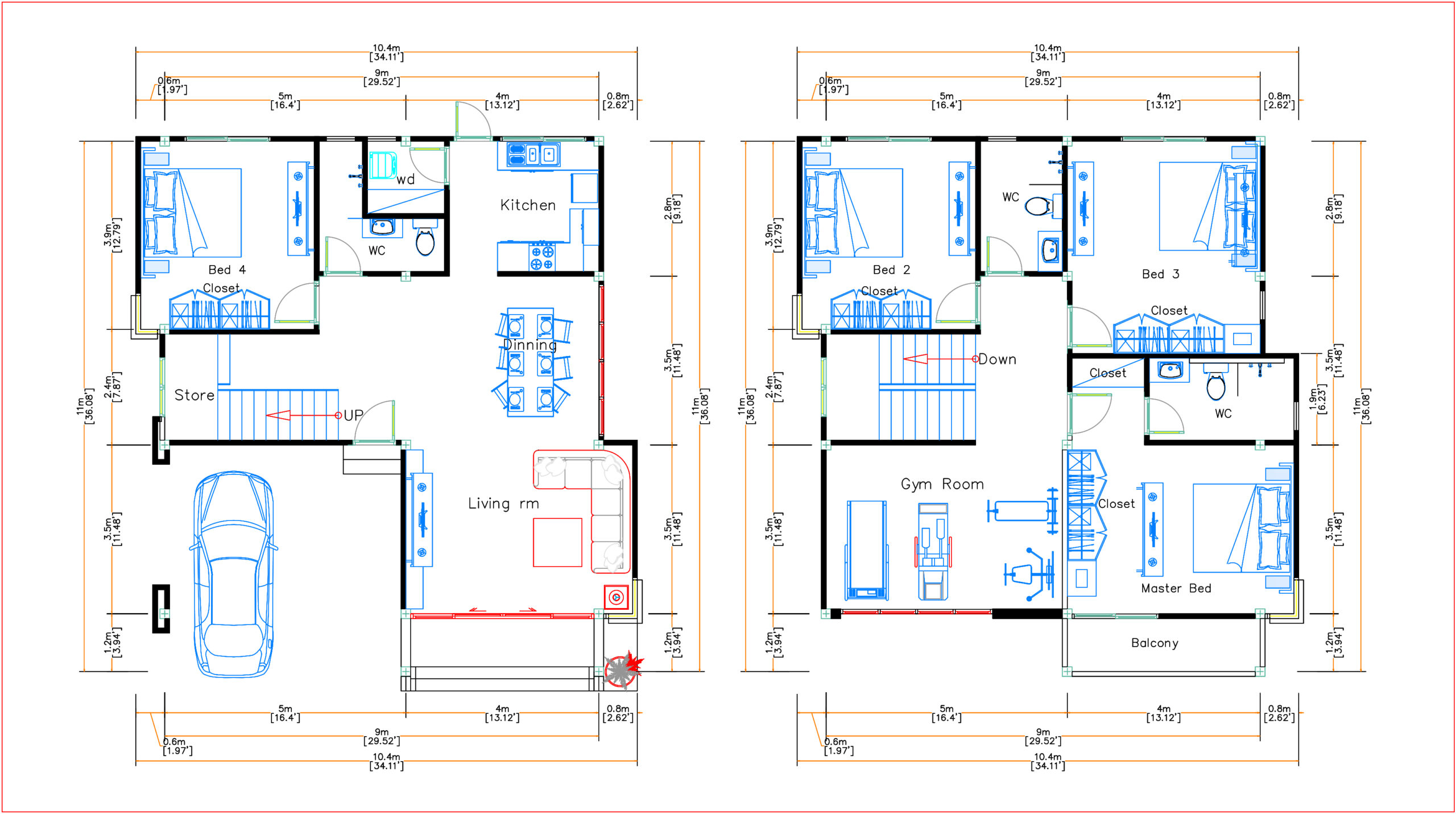 House Design 9x11 Meter 30x36 Feet 4 Beds layout floor plan
