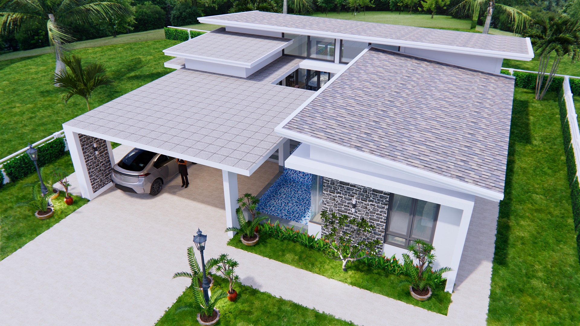 House Design with Pool 14x14 Meter 46x46 Feet 3 Beds 4