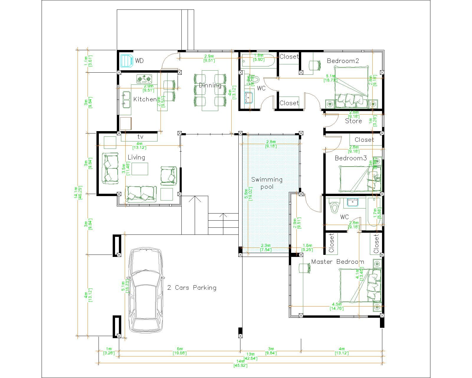 House Design with Pool 14x14 Meter 46x46 Feet 3 Beds Layout floor plan