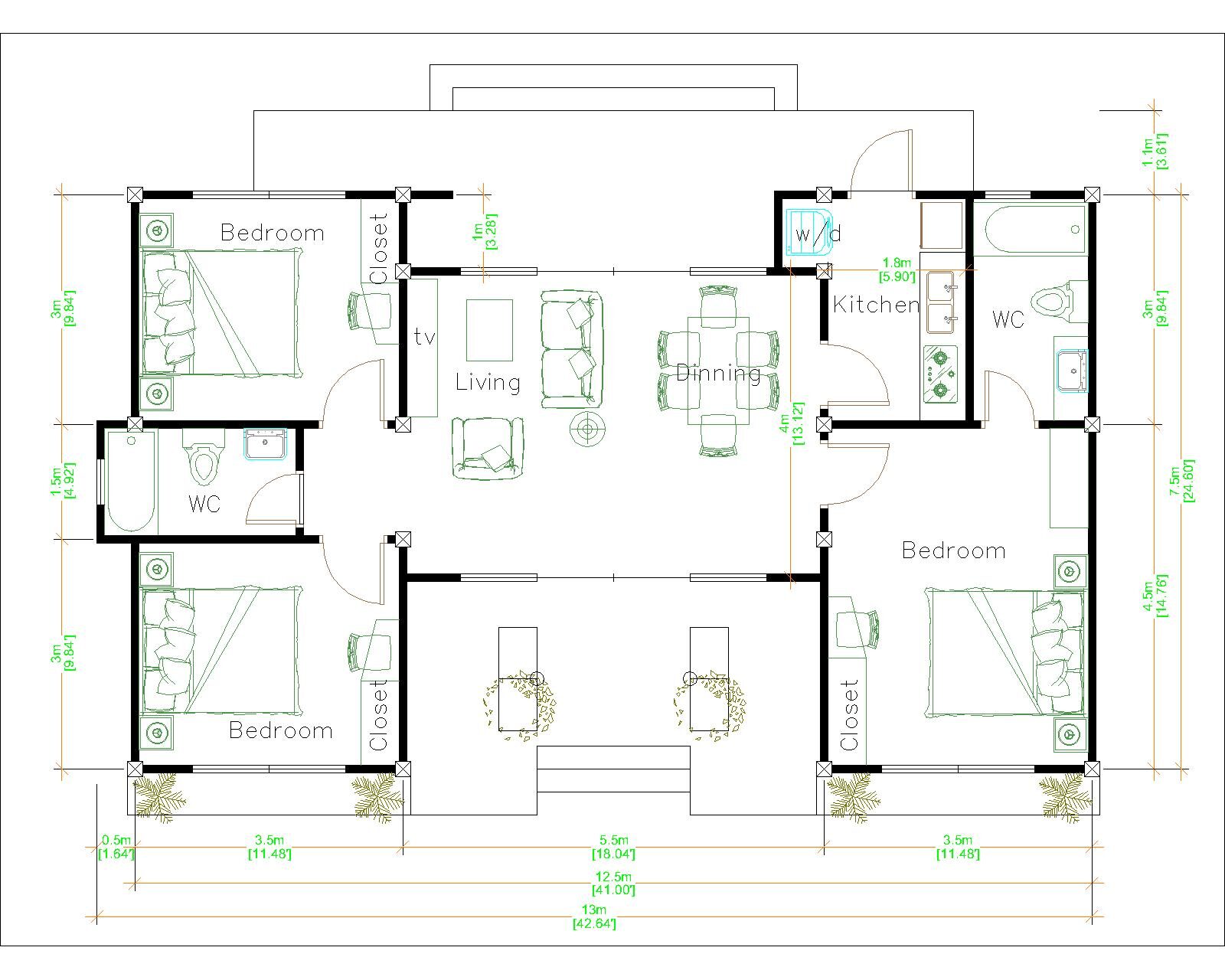 House Plans 13x7.5 Meter 43x25 Feet 3 Beds