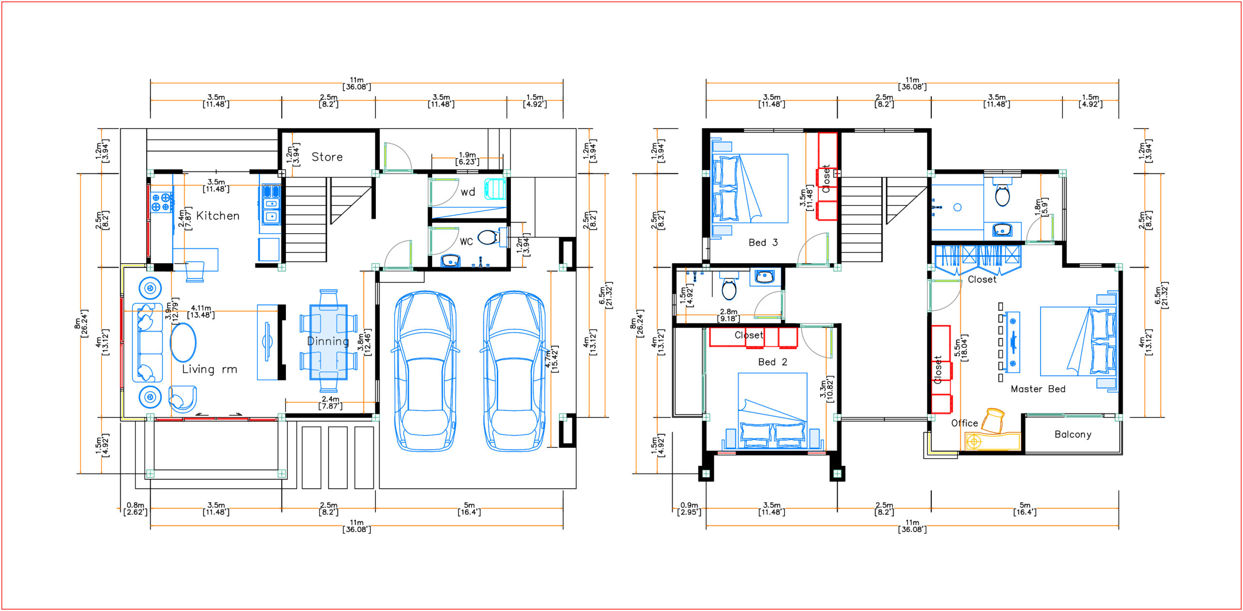 Home Plans 11x8 Meter 36x26 Feet 3 Beds layout floor plan