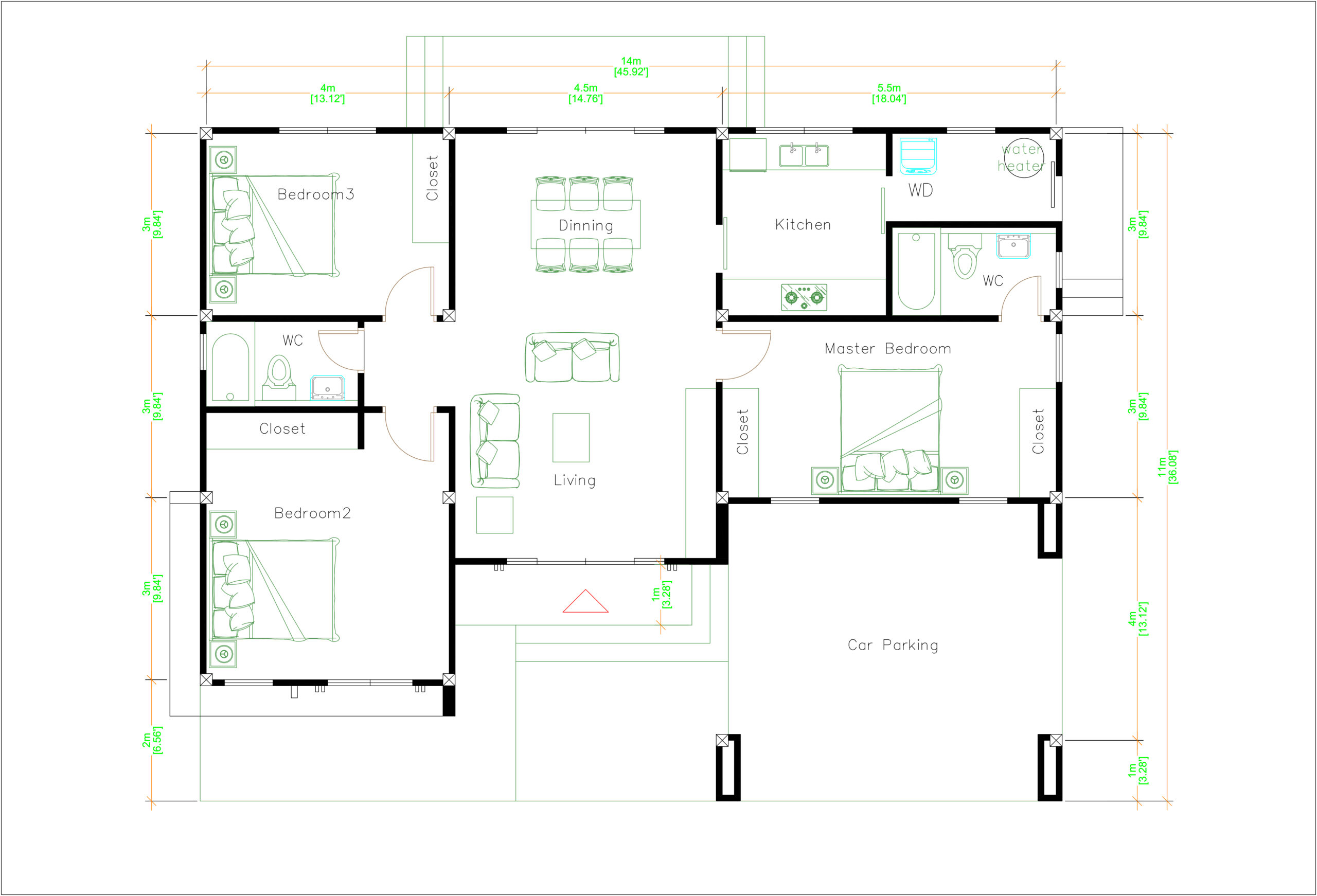 House Plans 14x11 Meter 46x36 Feet 3 Beds layout floor plan