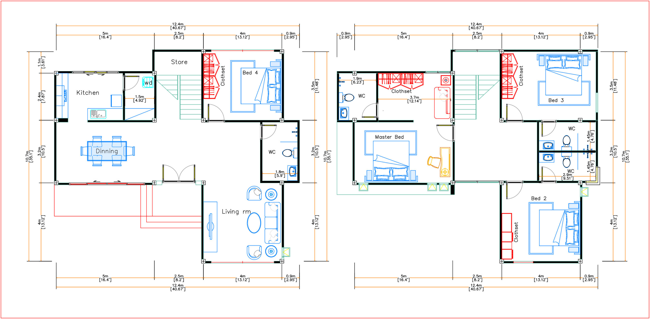 House Design 12.4x11 Meter 41x35 Feet 4 Beds layout floor plan