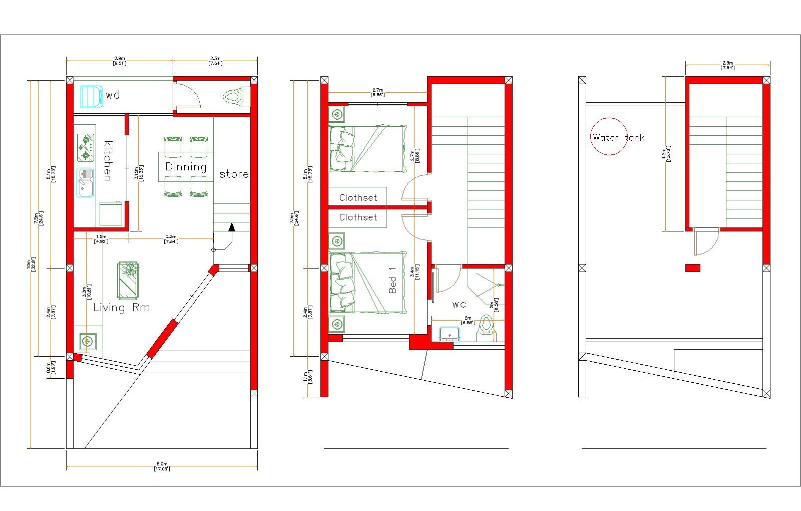 Home Designs 5x10 Meter 17x33 Feet 2 Beds layout floor plan
