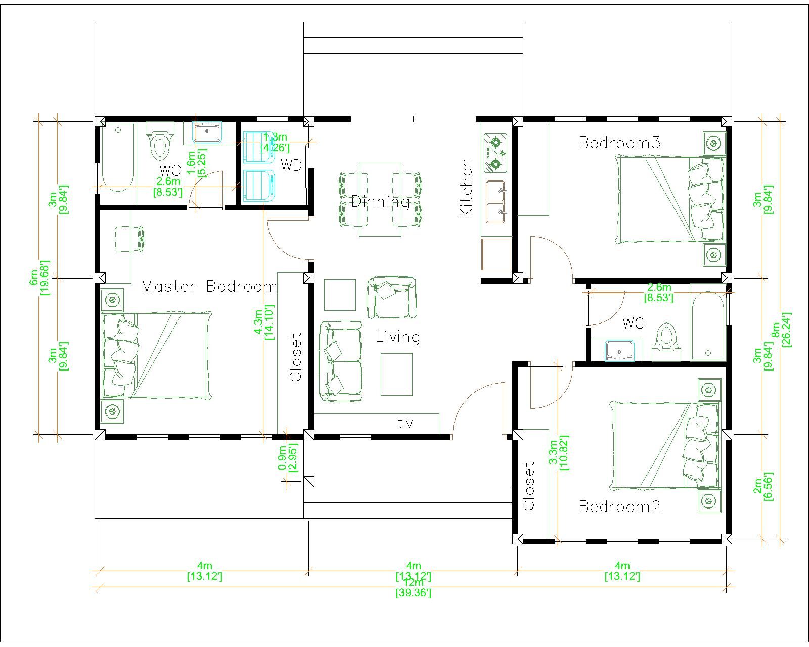 Luxury House Plans 12x8 Meters 40x26 Feet 3 Beds 2