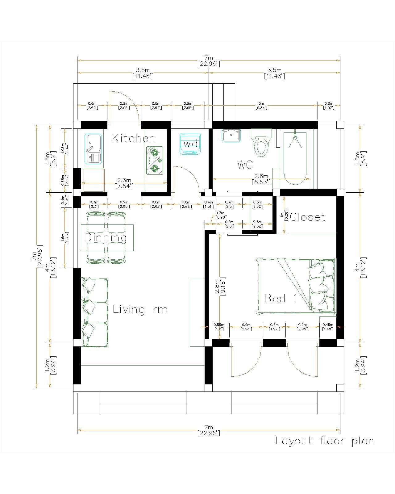 Small House Design 7x7 Meter 23x23 Feet One Bed Layout floor plan