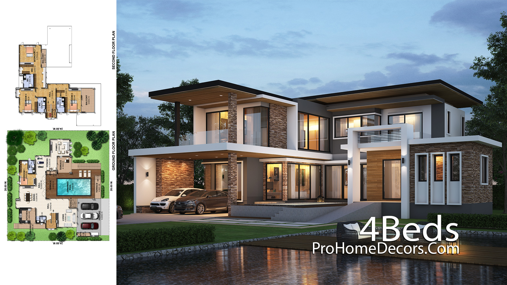 House Design Plot 26x24 Meter with 4 Bedrooms